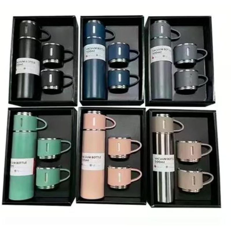 GENERICO - Set Termo Para Agua Calientefría + 3 Tazas 500 Ml Cafe Mate Color Gris