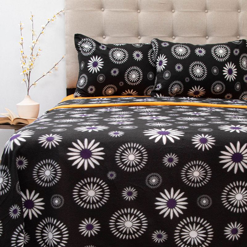 DORAL - Juego de sábanas polar estampadas king 2.5 plazas flor negro