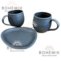 GENERICO - Set 2 Mug y Plato en Cerámica Gres color negro