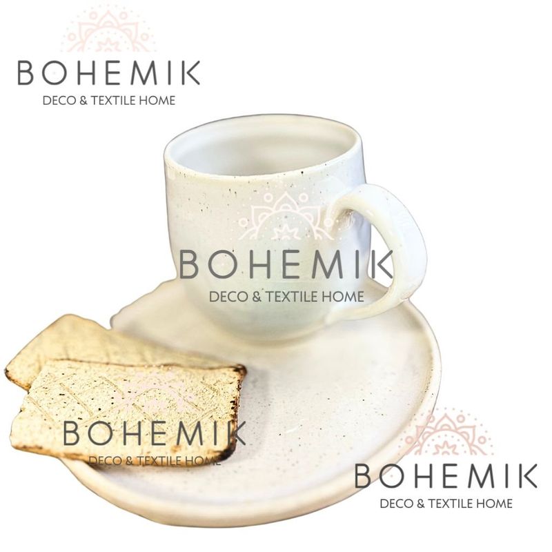 GENERICO - Set 2 Mug y 1 Plato en Cerámica Gres color crema