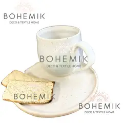 GENERICO - Set 2 Mug y 1 Plato en Cerámica Gres color crema