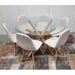 GENERICO - Comedor Barcelona Capitone Beige 6 Sillas Redondo
