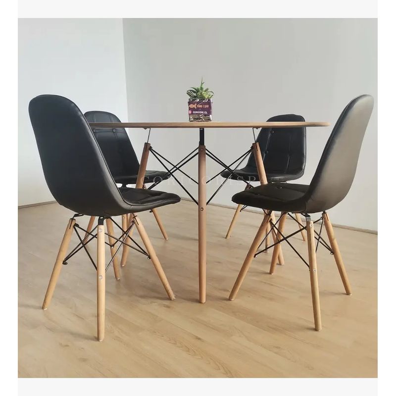 CORI CORI - Juego de Comedor Mesa Wood 100cm +  4 Sillas Capitonné Negra