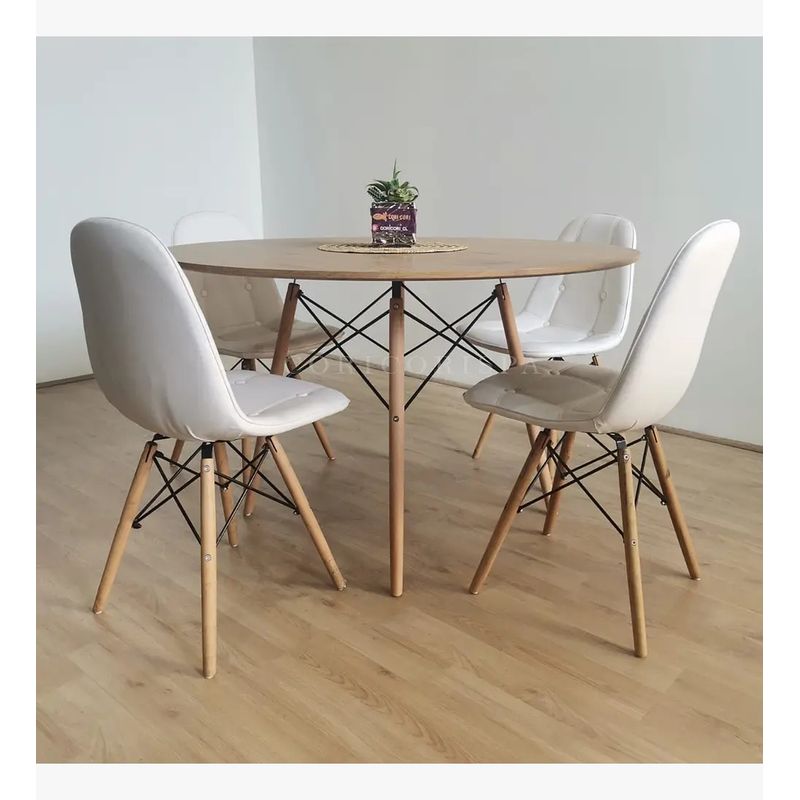 CORI CORI - Juego de Comedor Mesa Wood 100cm +  4 Sillas Capitonné Blanca
