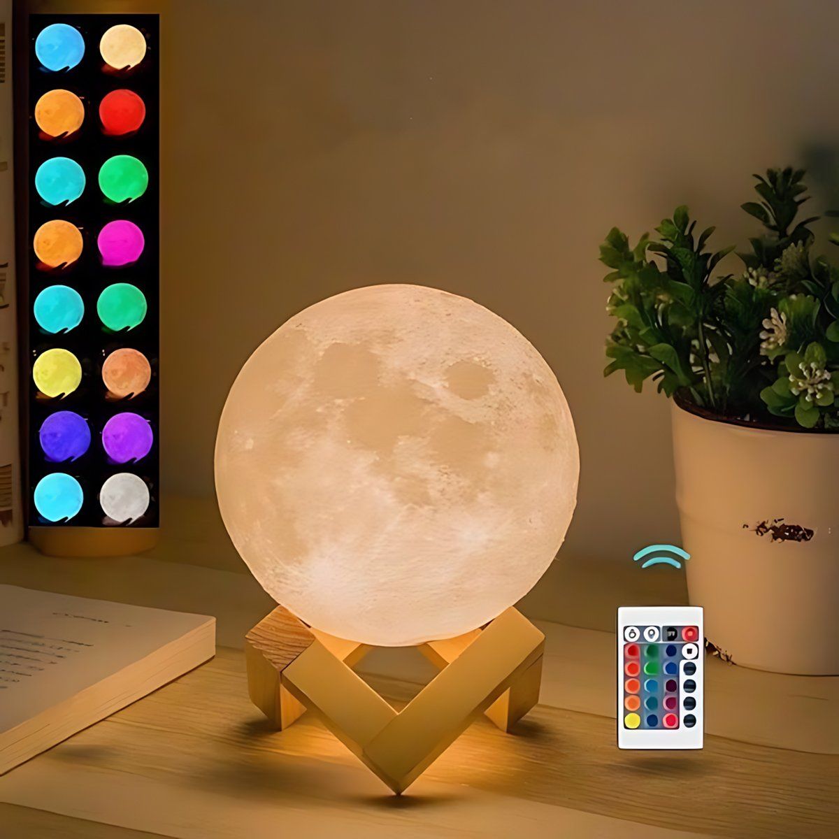 GENERICO - 16 Colores Luz Nocturna De Luna En 3D Con Soporte De Madera