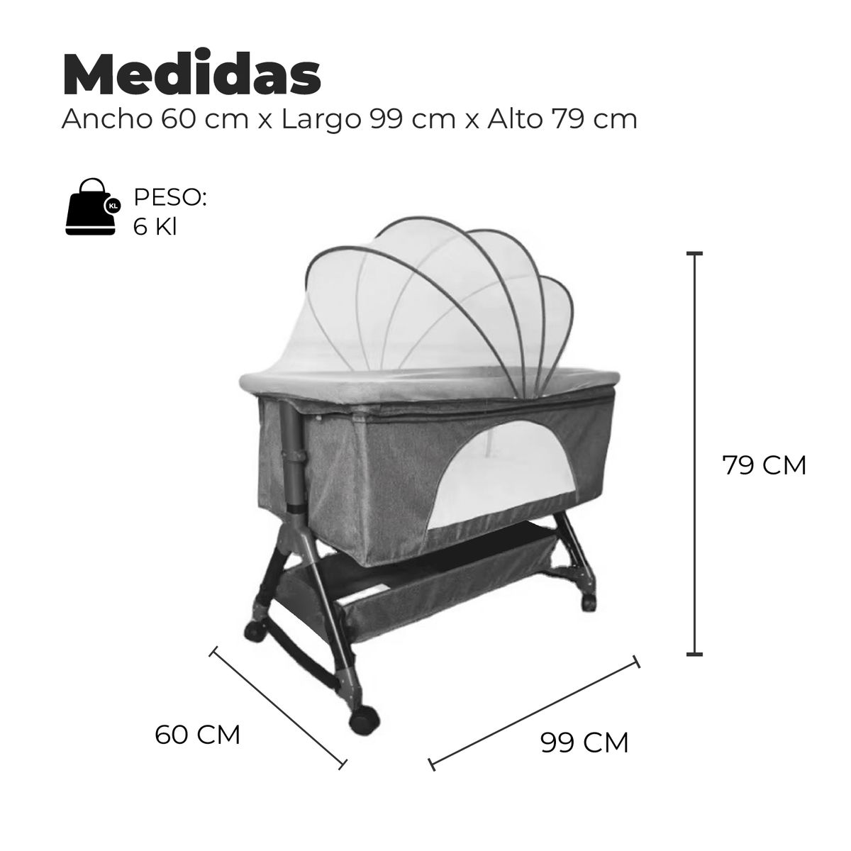 ALPHA - Cuna Colecho Moises Bebe Mecedora Con Mosquitero Gris