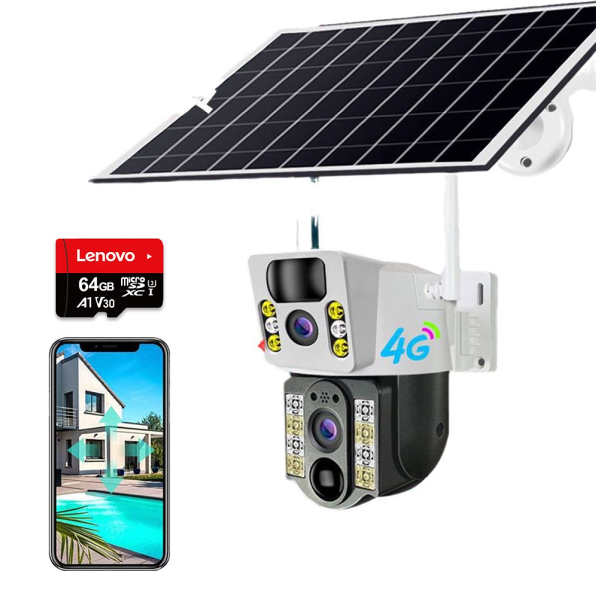 PUREPOWER - Cámaras de seguridad solares exteriores inalámbricas doble objetivo 64G