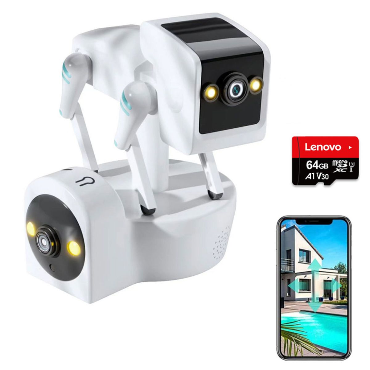 PUREPOWER - Doble cabeza mecánico perro cámara de seguridad inalámbrica interior monitor de la cámara 64G