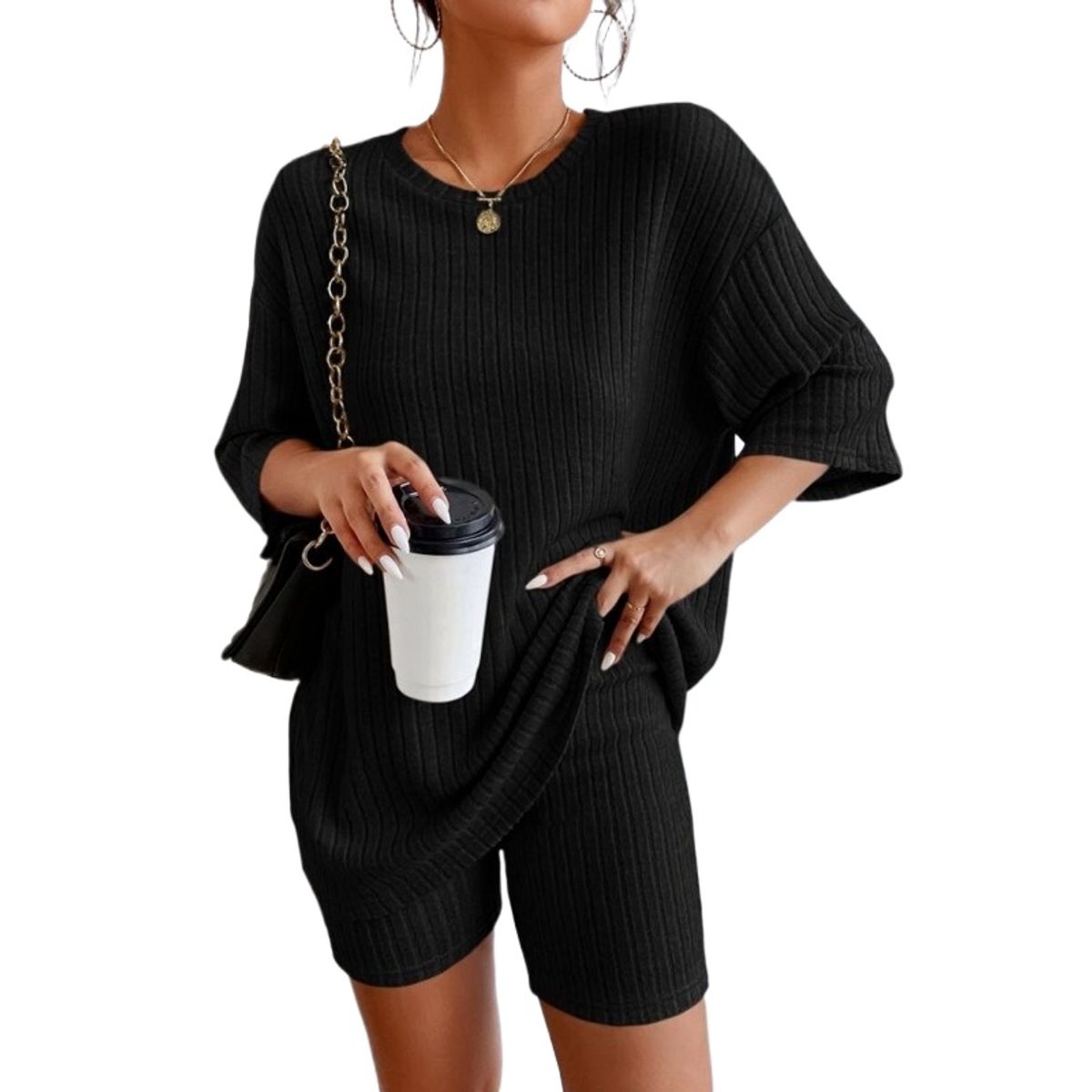 GIOIO - Conjunto De Pantalón Corto Holgado De Manga Corta Para Mujer