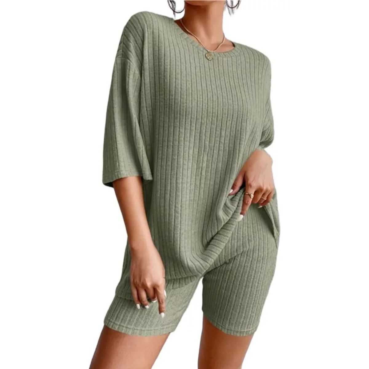 GIOIO - Conjunto De Pantalón Corto Holgado De Manga Corta Para Mujer