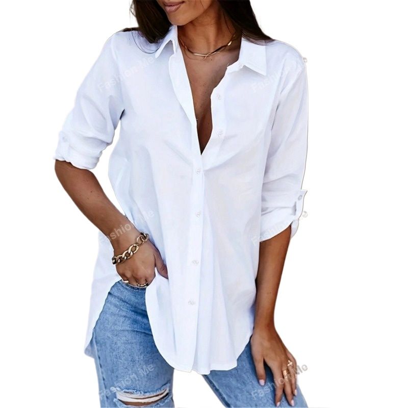 GIOIO - Camisa simple de color sólido de cuello V para mujeres