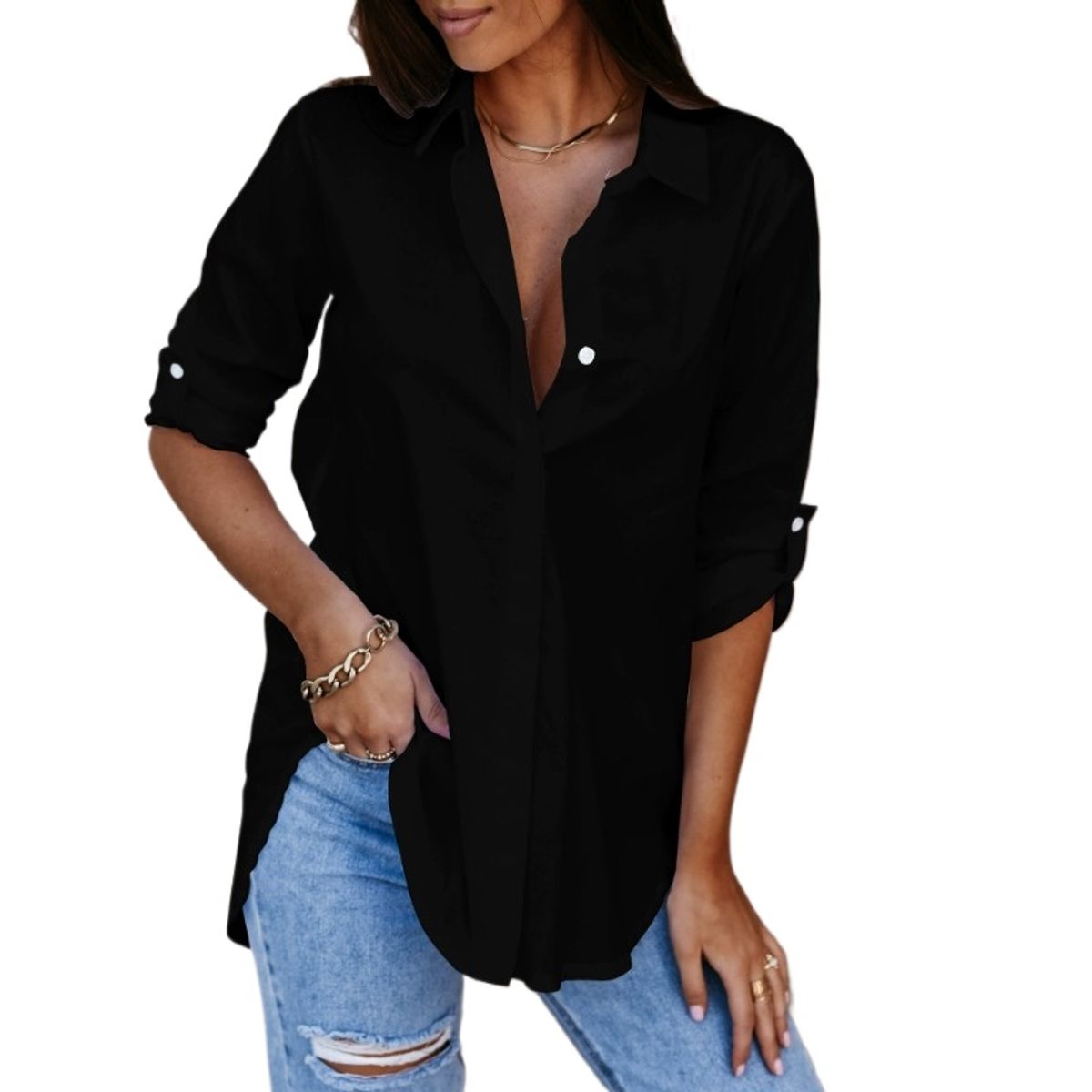 GIOIO - Camisa simple de color sólido de cuello V para mujeres
