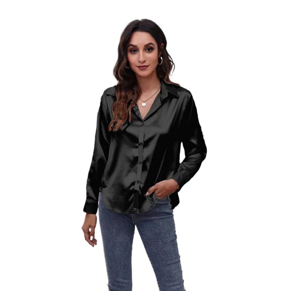 GIOIO - Blusa De Satén De Manga Larga De Seda Sintética Satinada Par