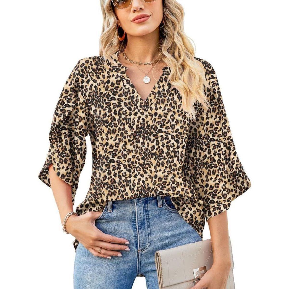 GIOIO - Blusa Mujer Chiffon Estampada Escote V Holgada Manga Flor