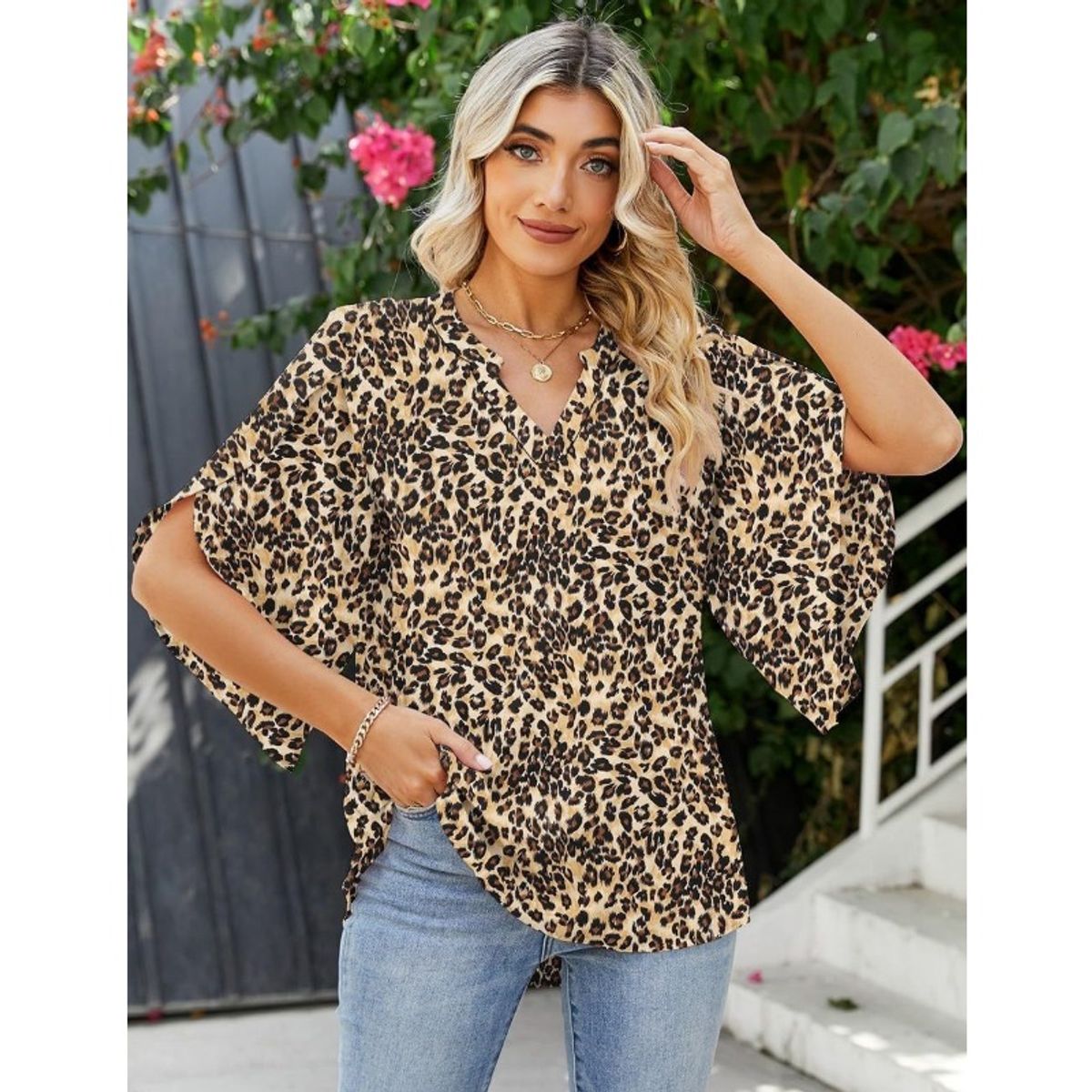GIOIO - Blusa Mujer Chiffon Estampada Escote V Holgada Manga Flor