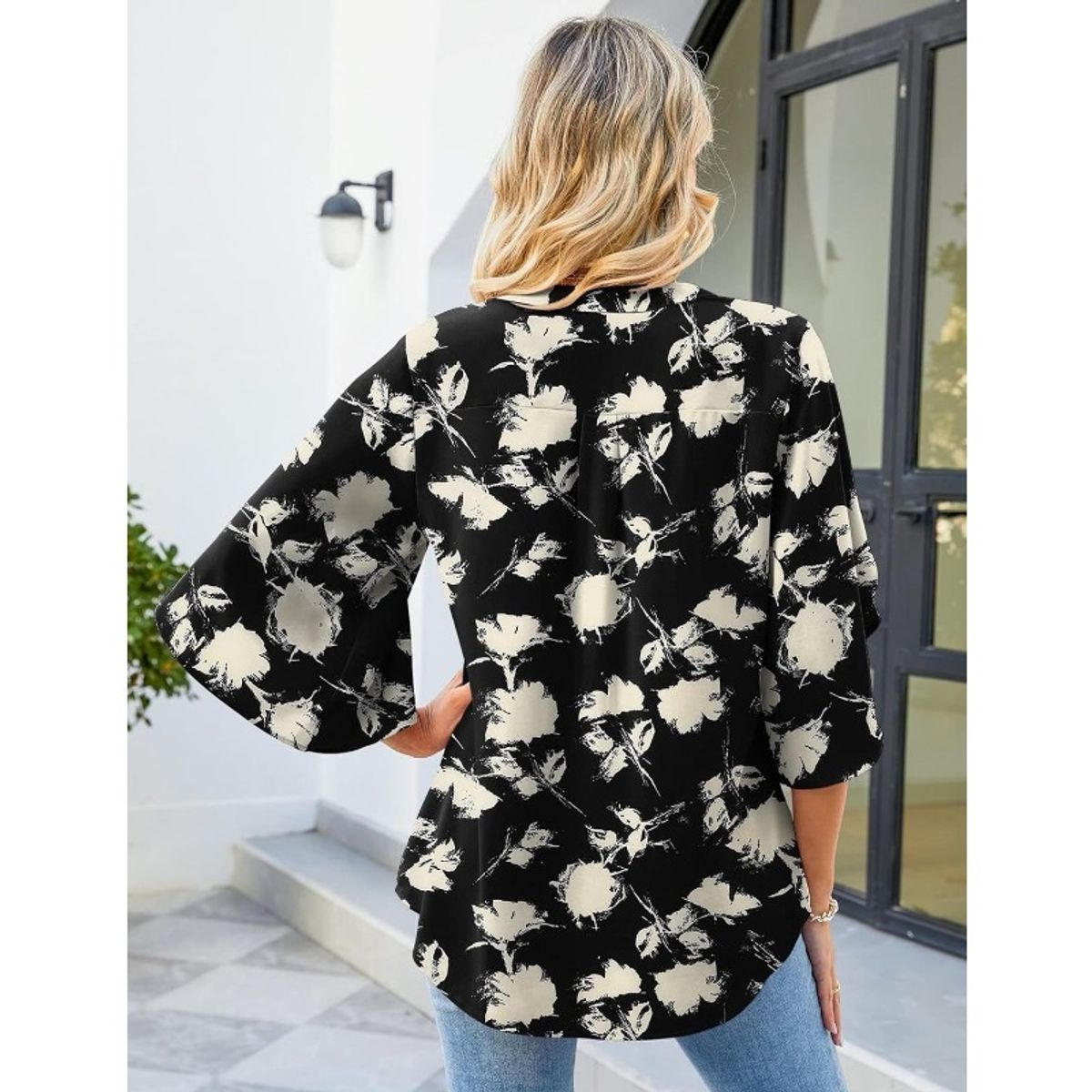 GIOIO - Blusa Mujer Chiffon Estampada Escote V Holgada Manga Flor