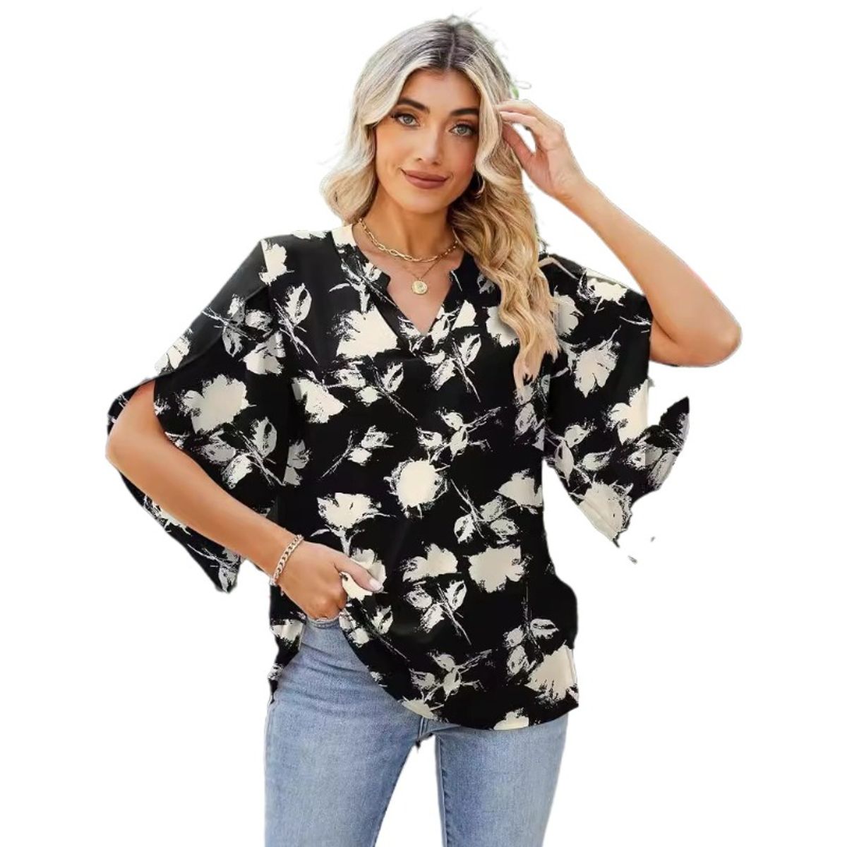 GIOIO - Blusa Mujer Chiffon Estampada Escote V Holgada Manga Flor