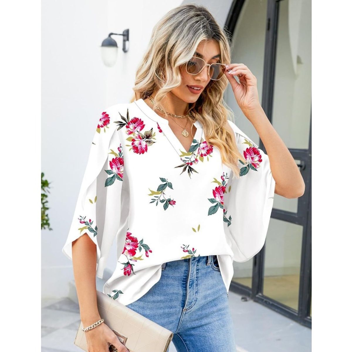 GIOIO - Blusa Mujer Chiffon Estampada Escote V Holgada Manga Flor