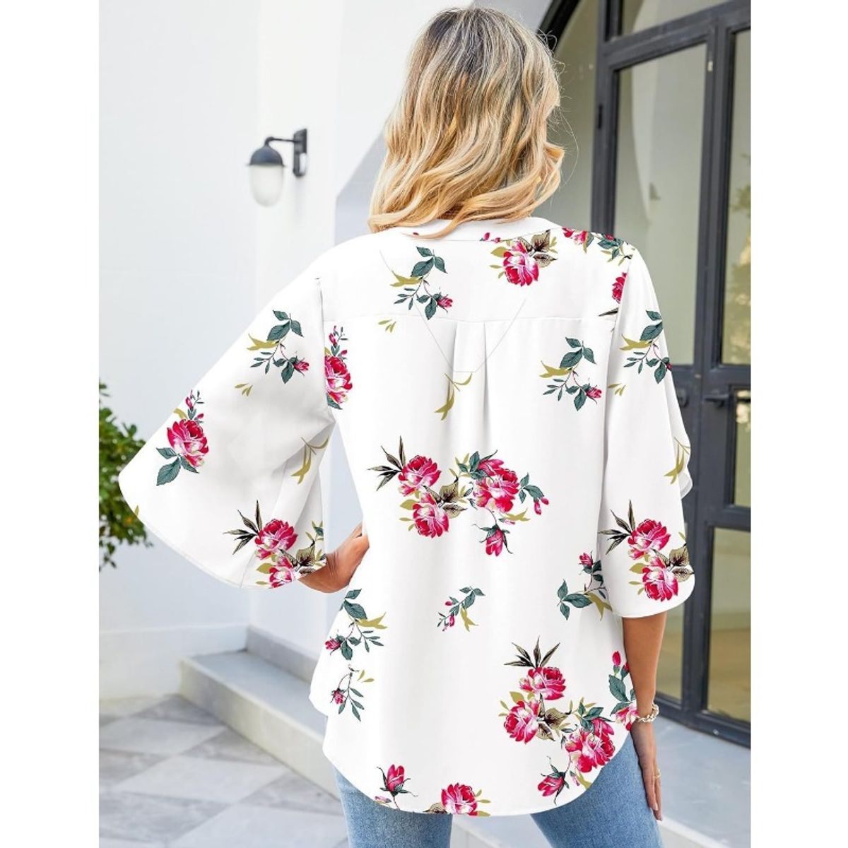 GIOIO - Blusa Mujer Chiffon Estampada Escote V Holgada Manga Flor