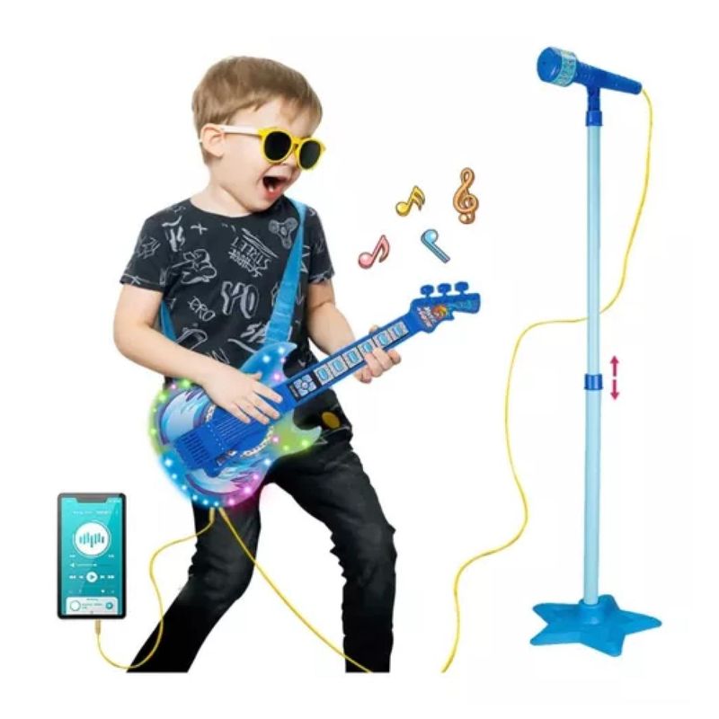 GENERICO - Juguete Guitarra Infantil con Micrófono y Pedestal Azul