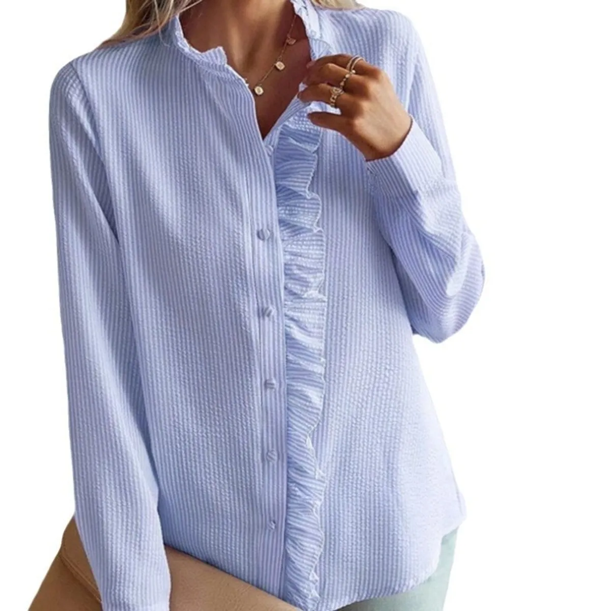 GIOIO - Camisa Mujer Abierta Volantes Manga Globo Larga Holgada