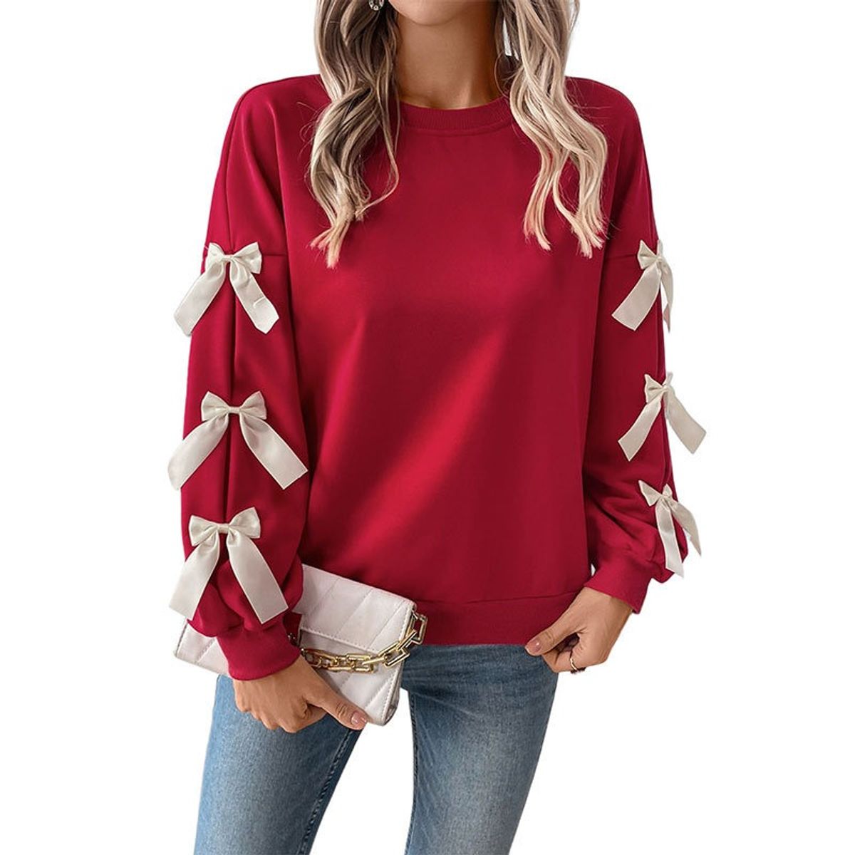 GIOIO - Camisa Mujer Roja Cuello Redondo Moño Holgada Casual