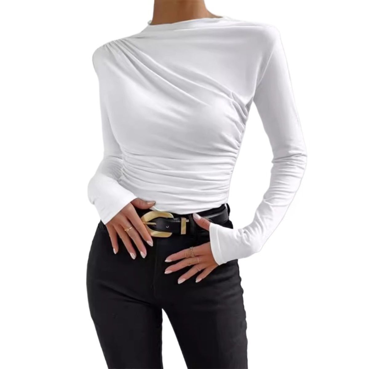GIOIO - Blusa Mujer Lisa Americana Entallada Fruncida Manga Larga Casual