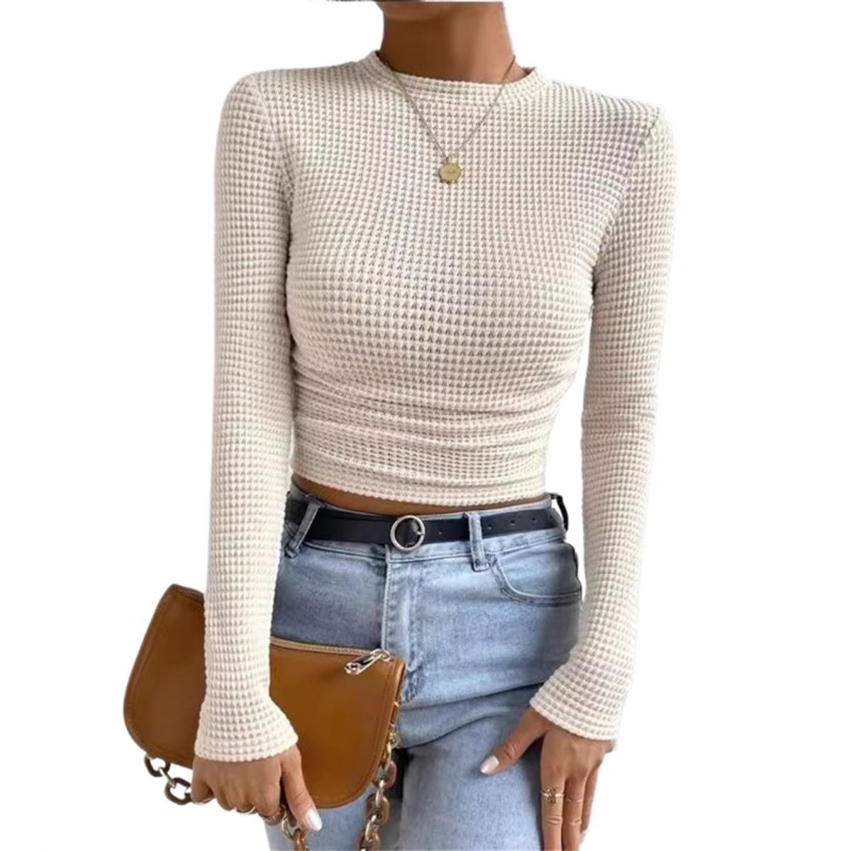 GIOIO - Blusa Mujer Cuadros Entallada Manga Larga Fruncida Casual