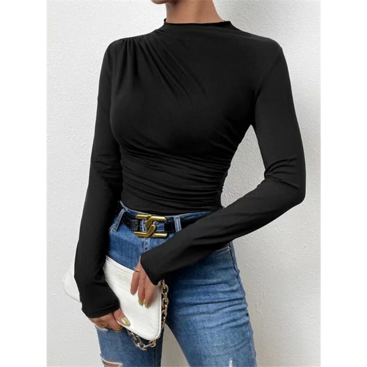GIOIO - Blusa Mujer Lisa Americana Entallada Fruncida Manga Larga Casual