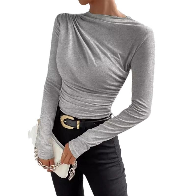 GIOIO - Blusa Mujer Lisa Americana Entallada Fruncida Manga Larga Casual