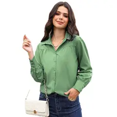 GIOIO - Camisa Mujer Lisa Botones Manga Globo Fruncida Holgada