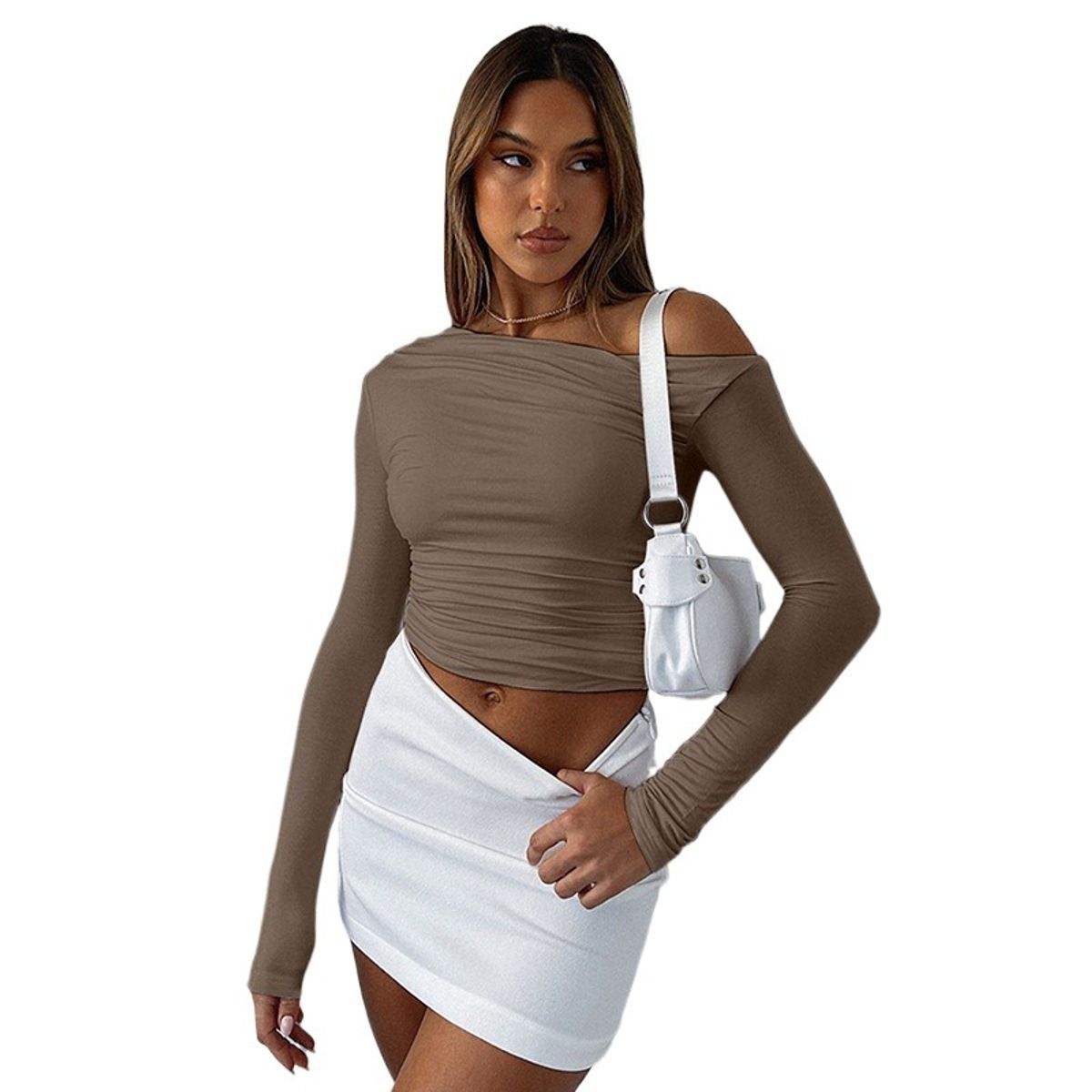 GIOIO - Blusa Mujer Lisa Asimétrica Fruncida Crop Manga Larga Casual