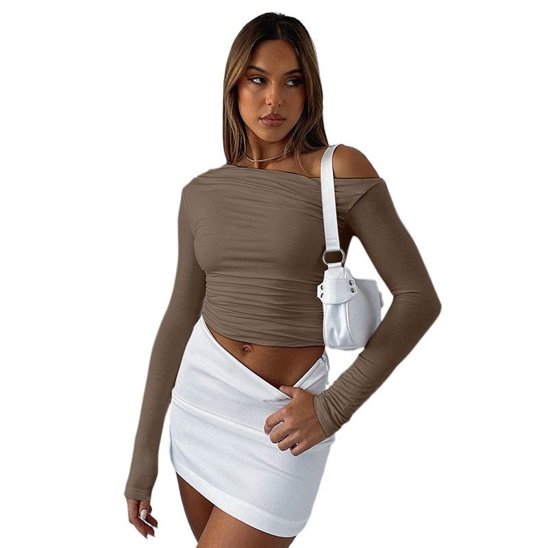 GIOIO - Blusa Mujer Lisa Asimétrica Fruncida Crop Manga Larga Casual