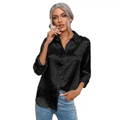GIOIO - Camisa Mujer Leopardo Jacquard Solapa Botones Oficina Manga Larga
