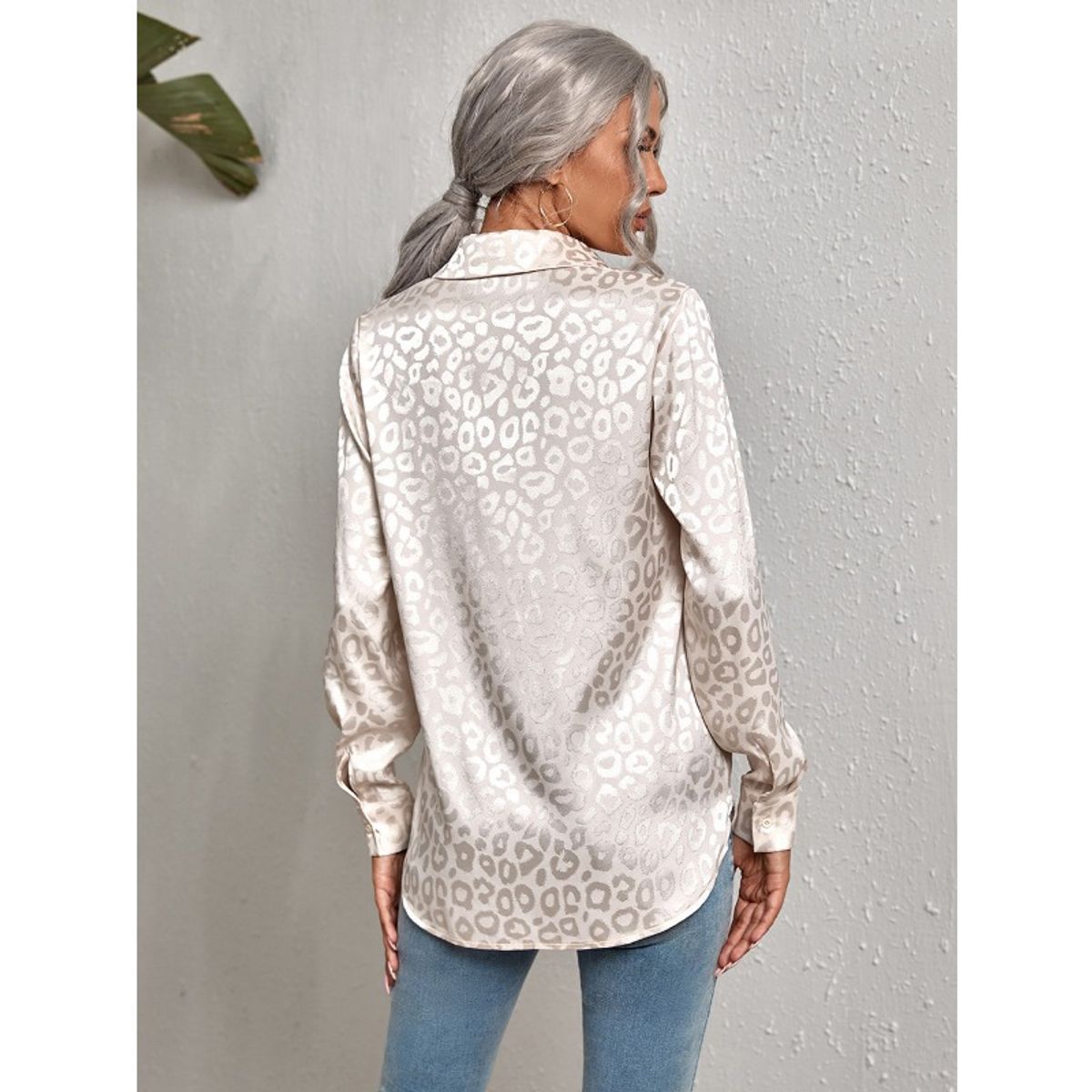 GIOIO - Camisa Mujer Leopardo Jacquard Solapa Botones Oficina Manga Larga