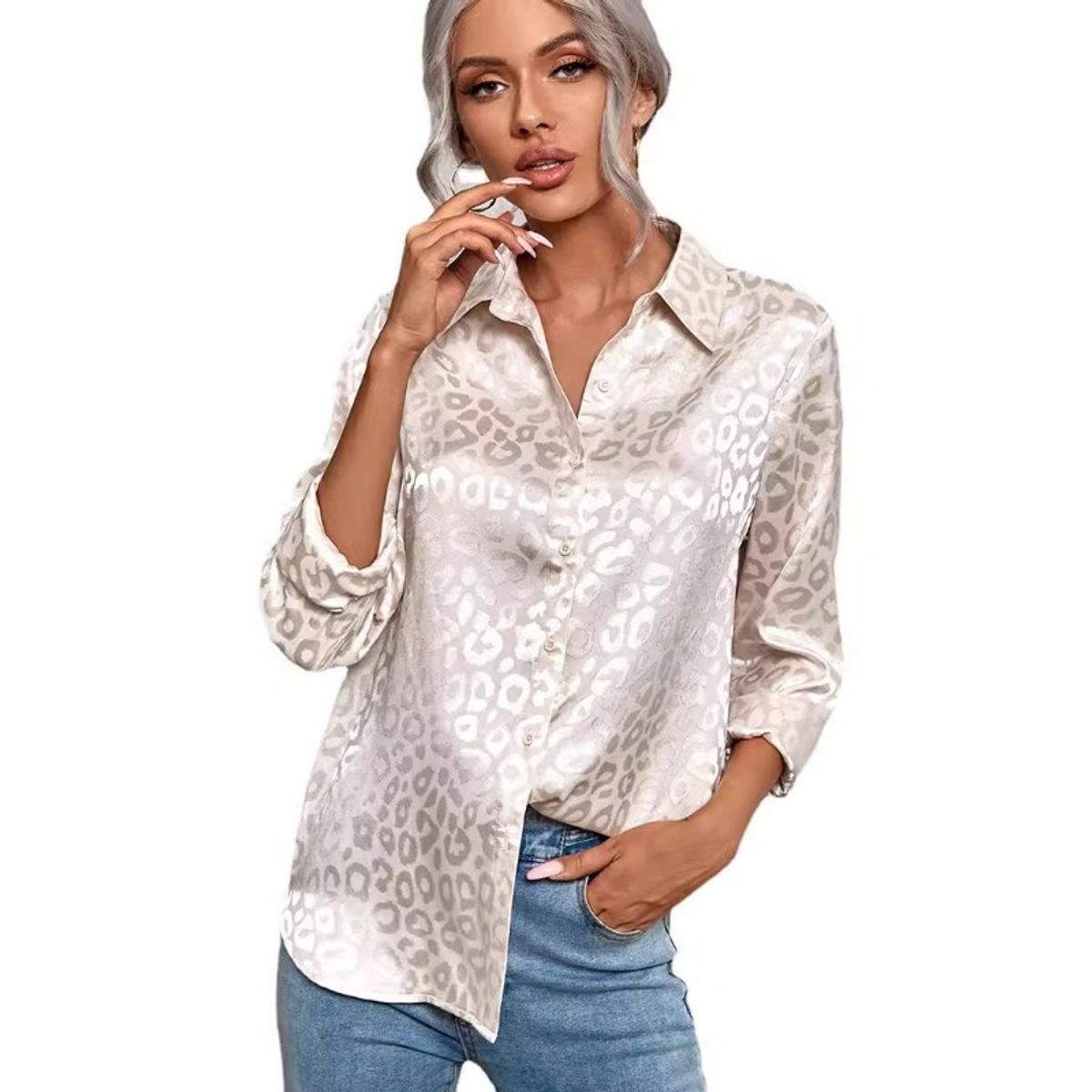 GIOIO - Camisa Mujer Leopardo Jacquard Solapa Botones Oficina Manga Larga