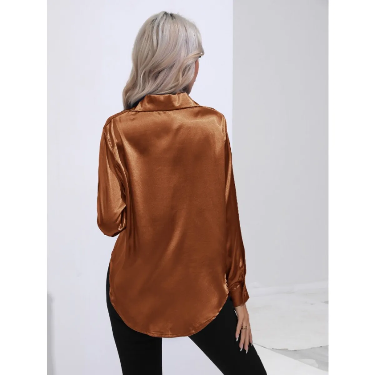 GIOIO - Camisa Mujer Satén Imitación Seda Manga Larga Entallada Casual