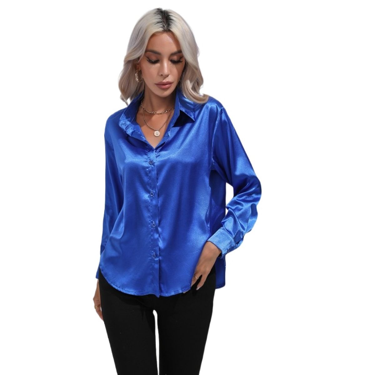 GIOIO - Camisa Mujer Satén Imitación Seda Manga Larga Entallada Casual