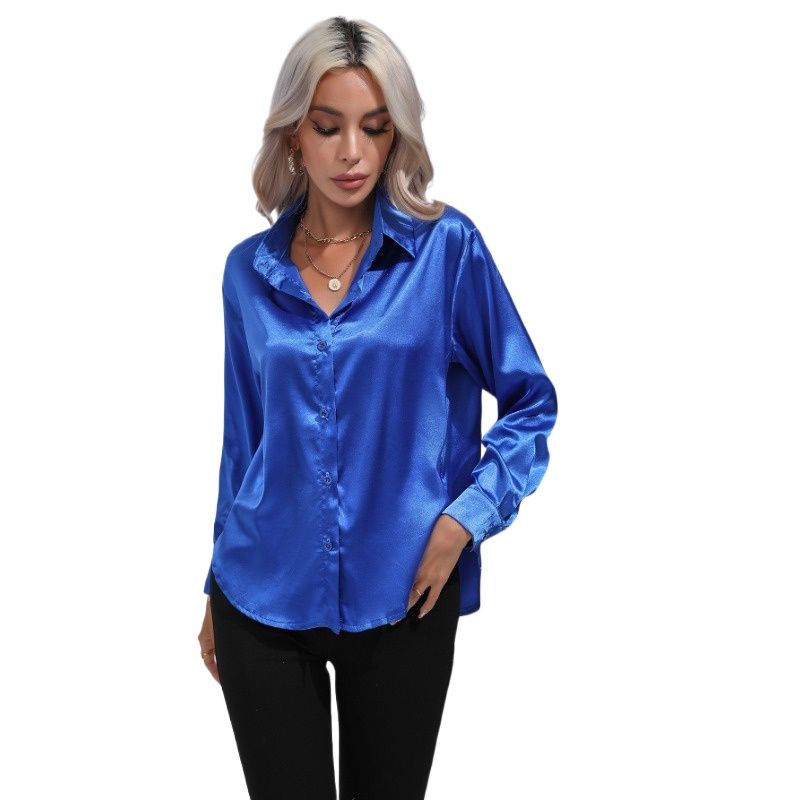GIOIO - Camisa Mujer Satén Imitación Seda Manga Larga Entallada Casual