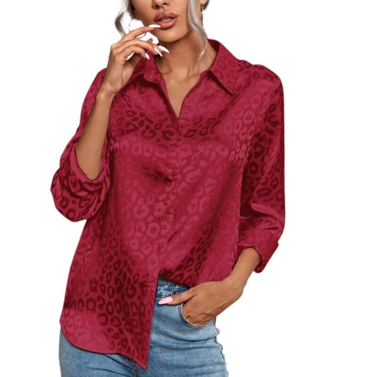 GIOIO - Camisa Mujer Leopardo Jacquard Solapa Botones Oficina Manga Larga