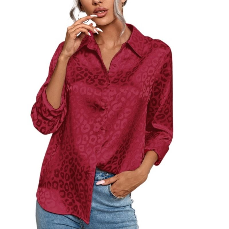 GIOIO - Camisa Mujer Leopardo Jacquard Solapa Botones Oficina Manga Larga