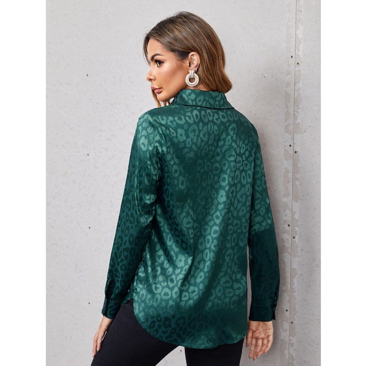 GIOIO - Camisa Mujer Leopardo Jacquard Solapa Botones Oficina Manga Larga