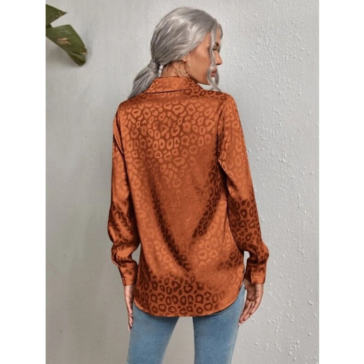GIOIO - Camisa Mujer Leopardo Jacquard Solapa Botones Oficina Manga Larga