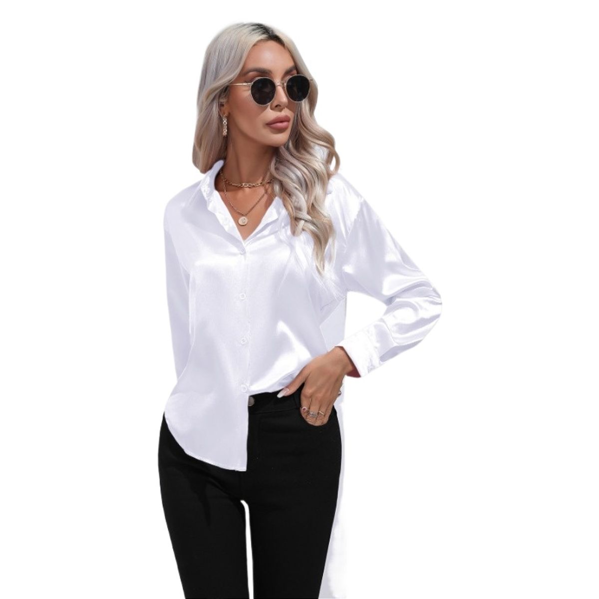 GIOIO - Camisa Mujer Satén Imitación Seda Manga Larga Entallada Casual