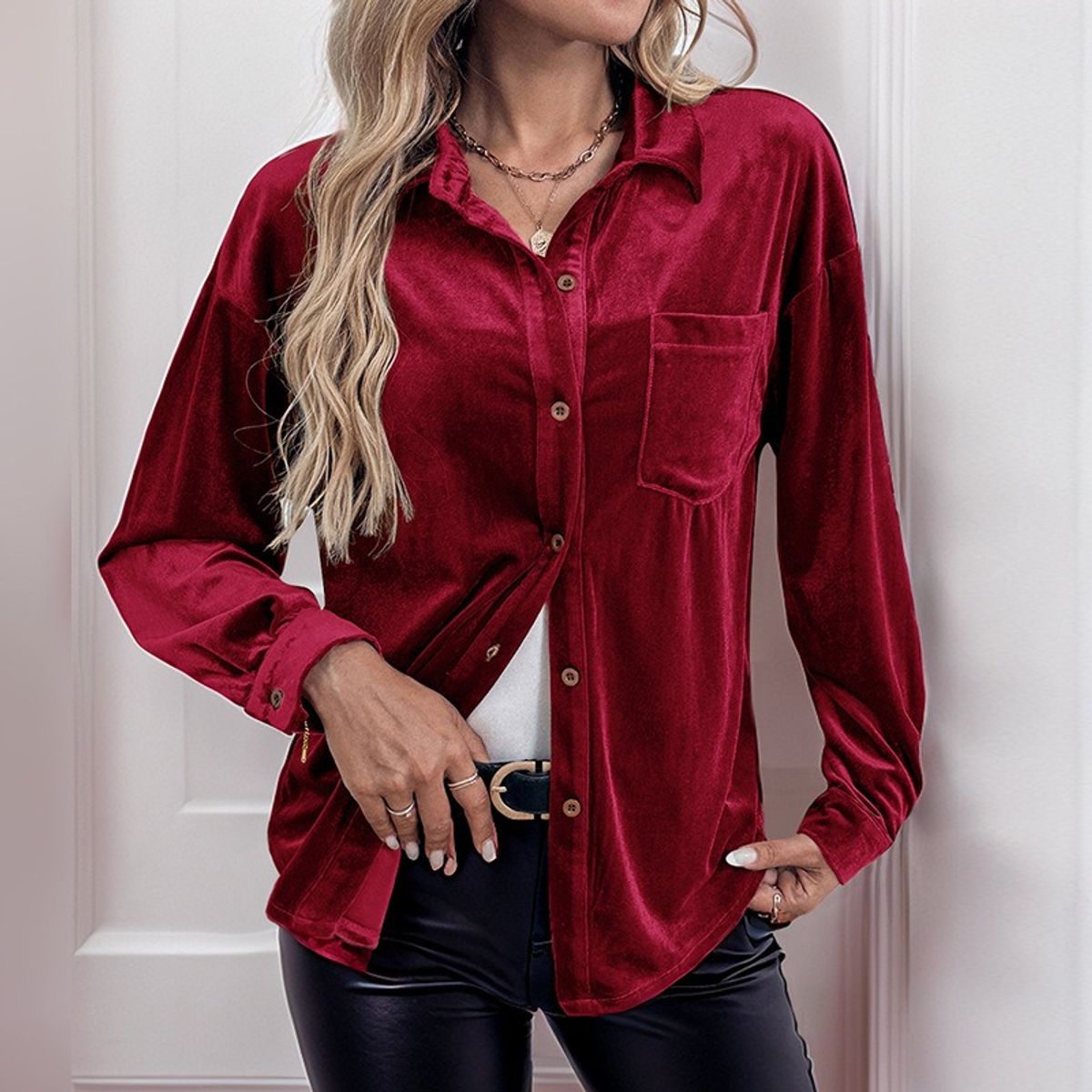 GIOIO - Camisa Mujer Liso Americana Botones Delanteros Manga Larga Casual