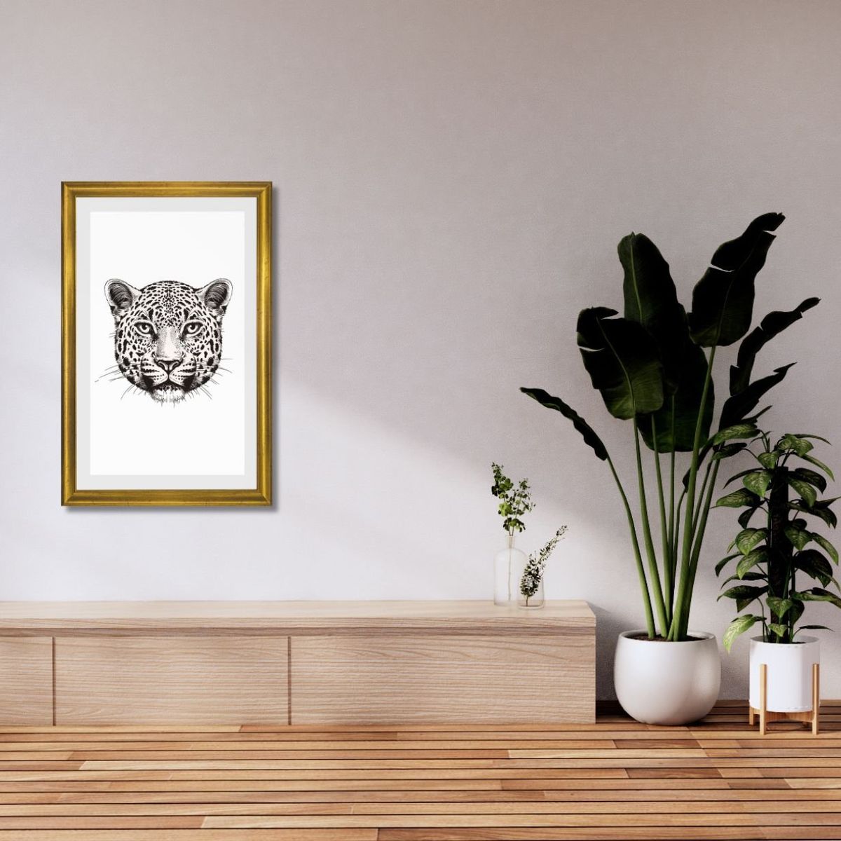 RONDA - Cuadro Lamina Leopardo Blanco Negro 40x60 cm