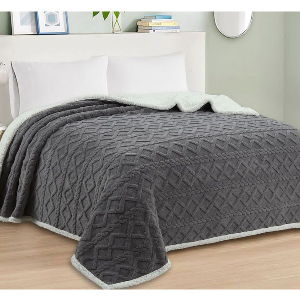 COMPRAPO - Frazada Manta Polar Sherpa Térmica 2 Plazas Trenzado Relieve Marengo