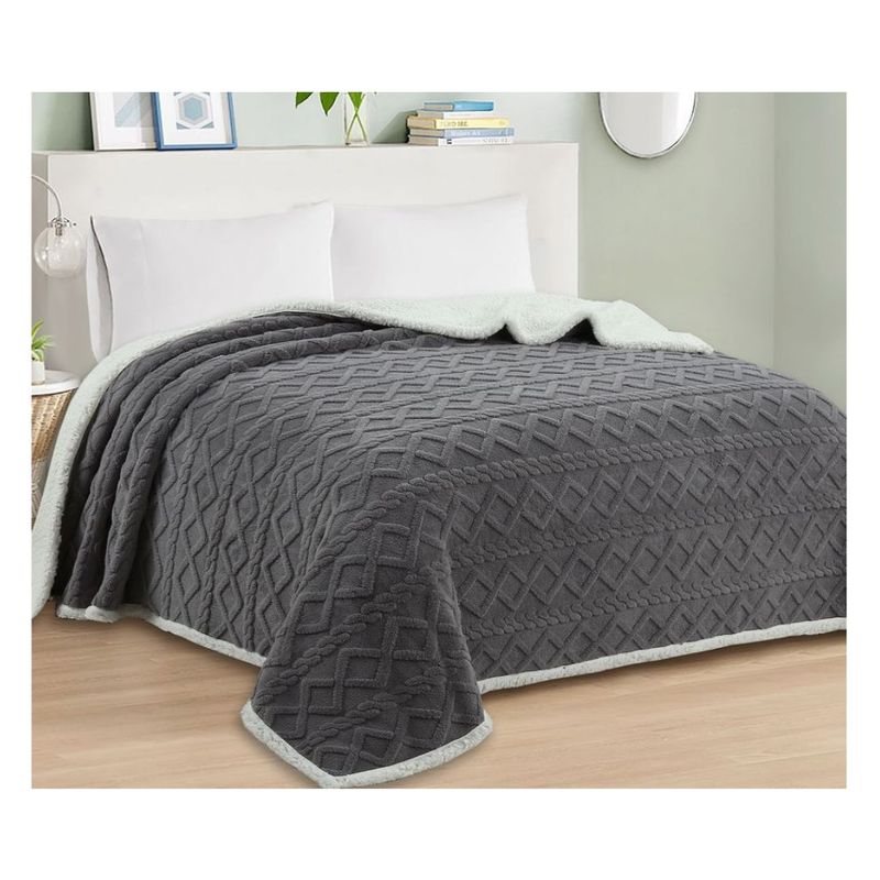 COMPRAPO - Frazada Manta Polar Sherpa Térmica 2 Plazas Trenzado Gris Marengo