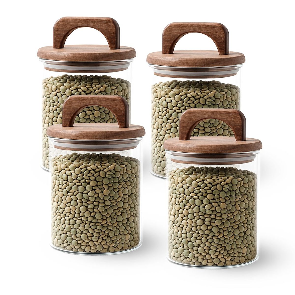 GENERICO - Pack 4 Contenedores Herméticos Vidrio Tapa Asa Acacia 800ml