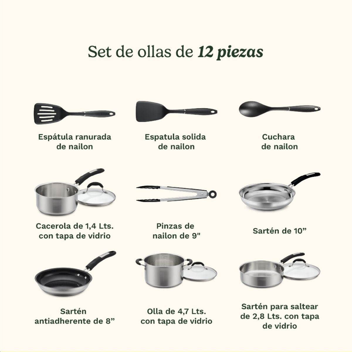 CUISINART - Bateria de Cocina Acero Inoxidable 12 pcs Cuisinart